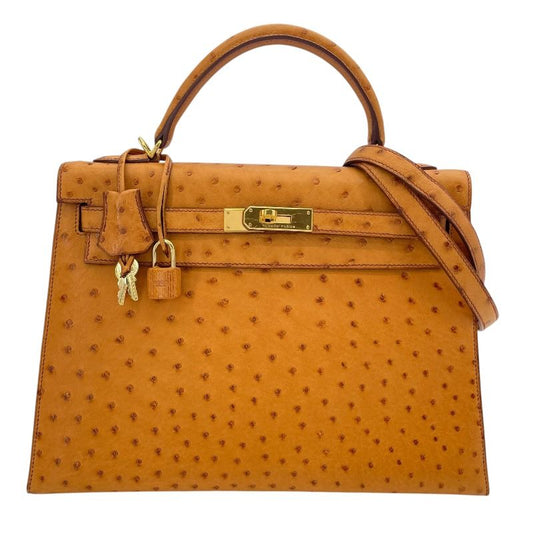 HERMES Kelly 32 Saffron Ostrich Shoulder Bag with Gold Hardware
