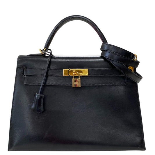 HERMES Kelly 32 Black Box Calf Handbag with Gold Hardware