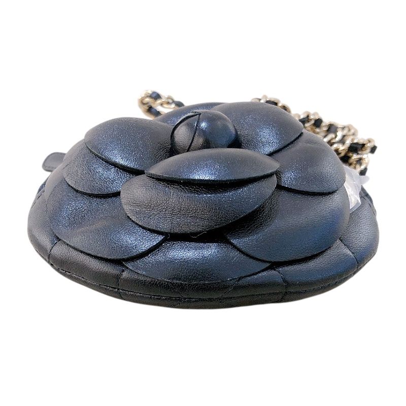 CHANEL Camellia Chain Shoulder Bag - Black Lambskin with Gold Hardware