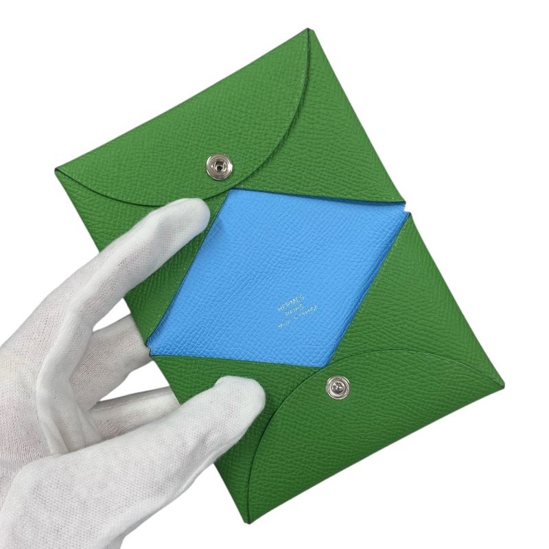 HERMES Calvi Verso Card Case in Vert Yuka & Celeste - B Stamp
