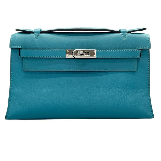 HERMES Kelly Pochette T Stamp in Blue Paon with Silver Hardware