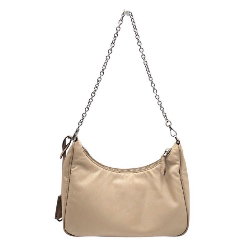 PRADA Re-Edition 2005 Beige Nylon Shoulder Bag with Silver Hardware