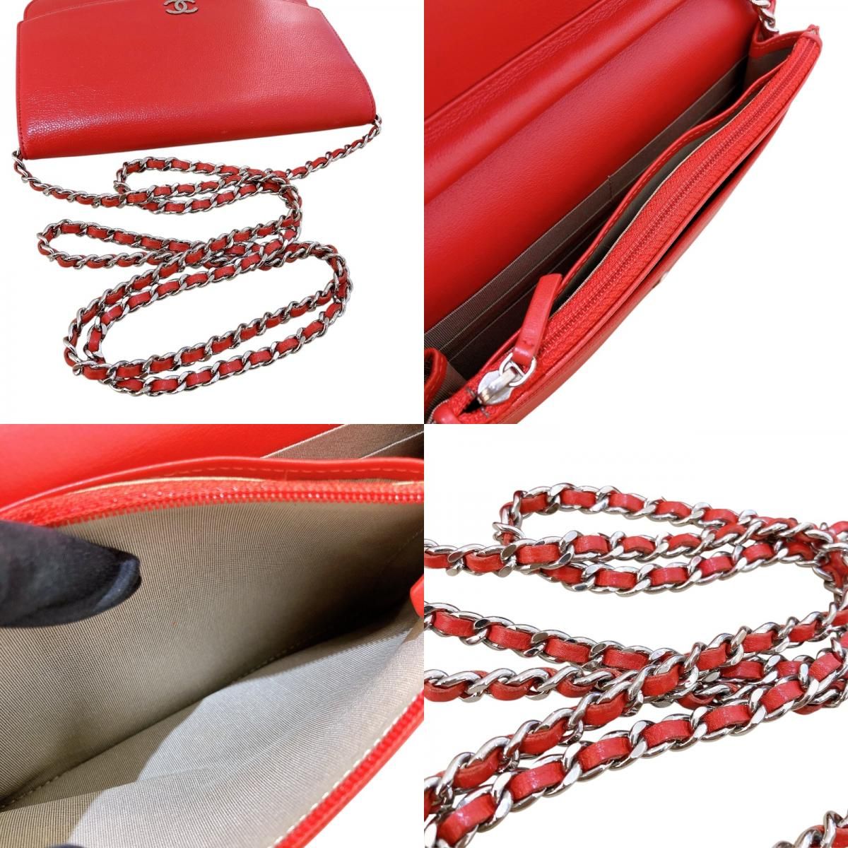 CHANEL Red Caviar Skin Chain Wallet with Silver Hardware