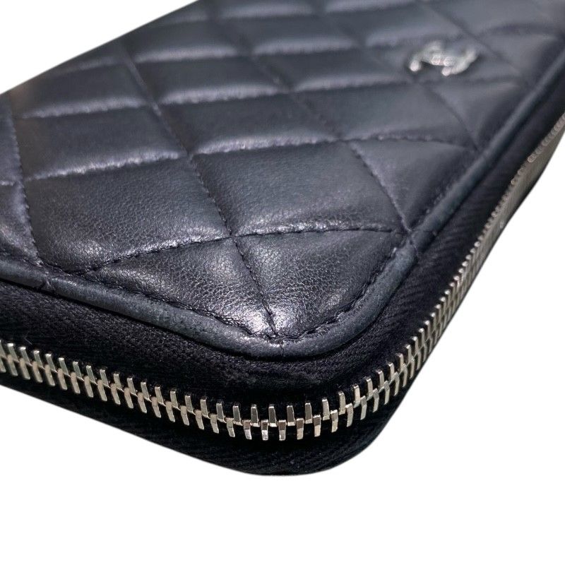 CHANEL Classic Long Zip Wallet in Black Lambskin with Silver Hardware
