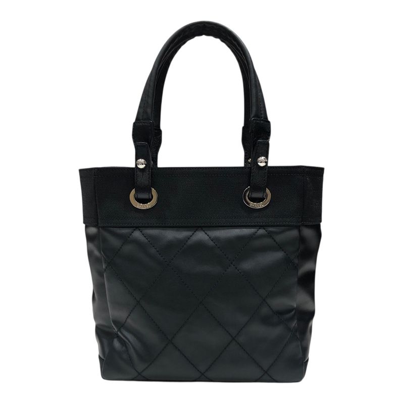 CHANEL Paris Biarritz PM Tote in Black Coated Canvas - Timeless Elegance