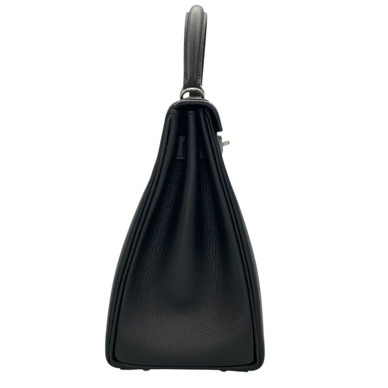 HERMES Kelly 28 Black Epson Leather Shoulder Bag with Silver Hardware