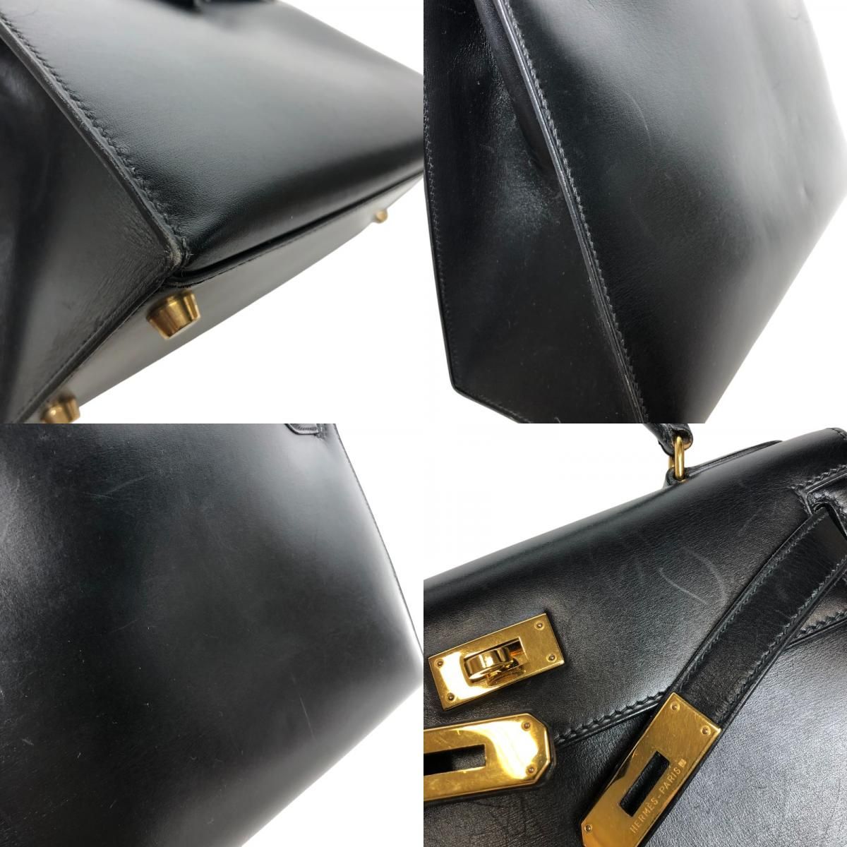 HERMES Kelly 28 Black Box Calf Shoulder Bag with Gold Hardware