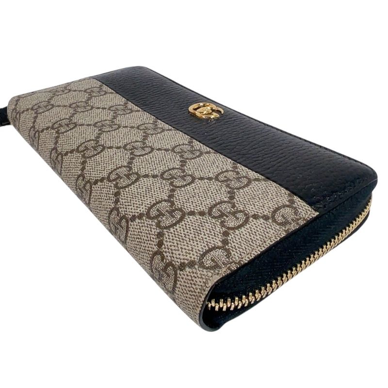 GUCCI Double G Zip Around Wallet - Black/Beige with Gold Hardware