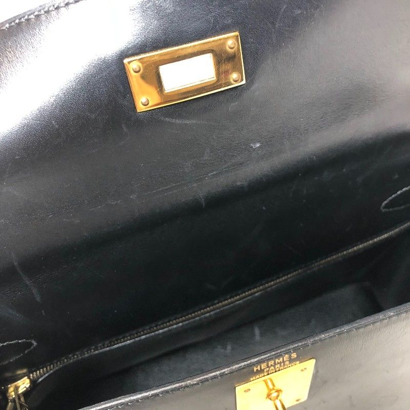 HERMES Kelly 28 Black Box Calf Shoulder Bag with Gold Hardware