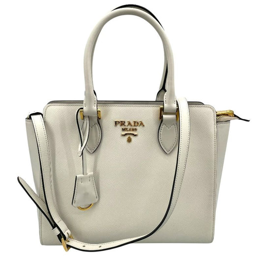 PRADA Saffiano 2WAY Bag in Cream with Gold Hardware