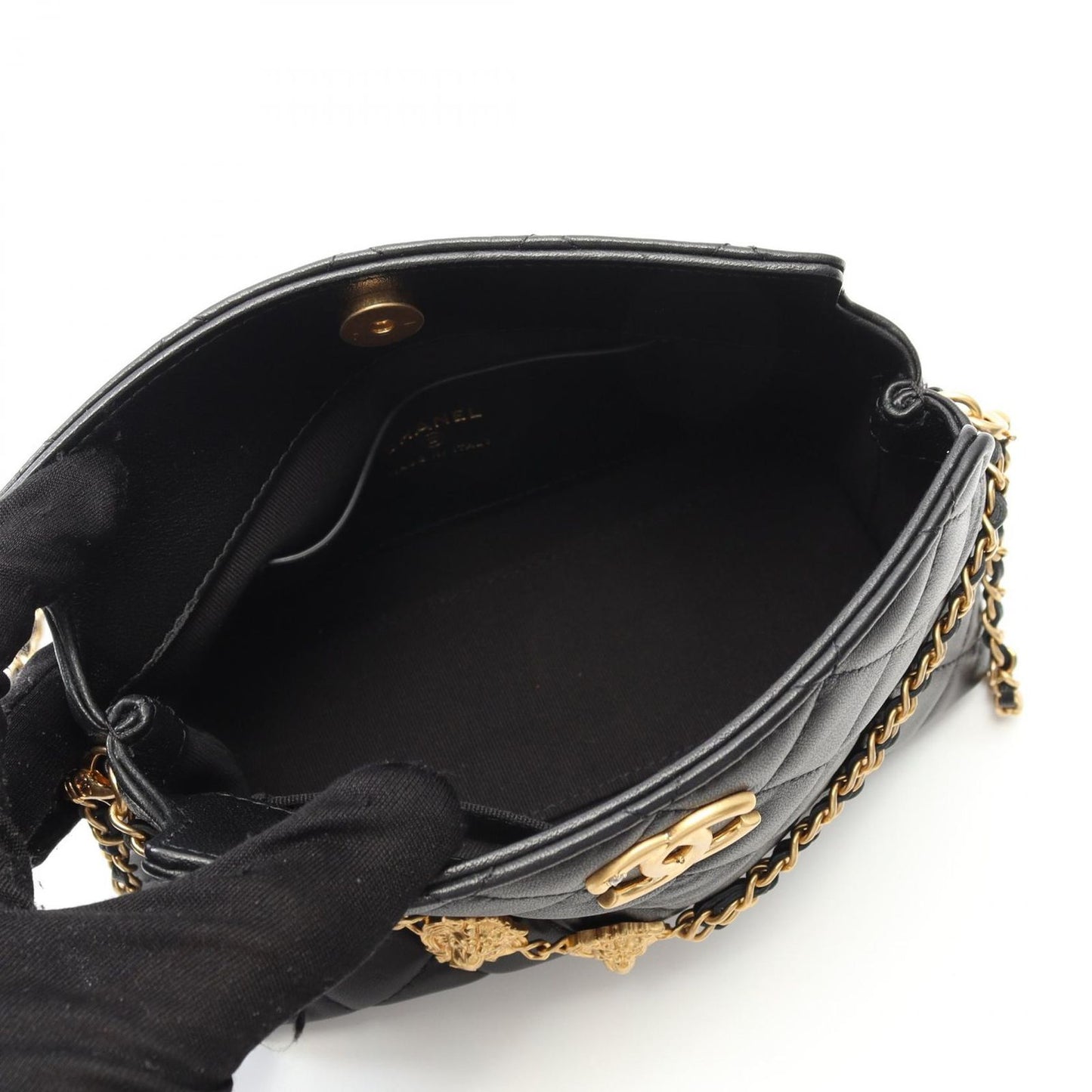 CHANEL Matelassé Black Lambskin Shoulder Bag with Lion Chain