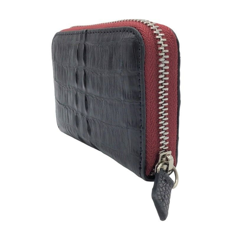 Exquisite Crocodile Round Zipper Card Case in Navy Black & Silver