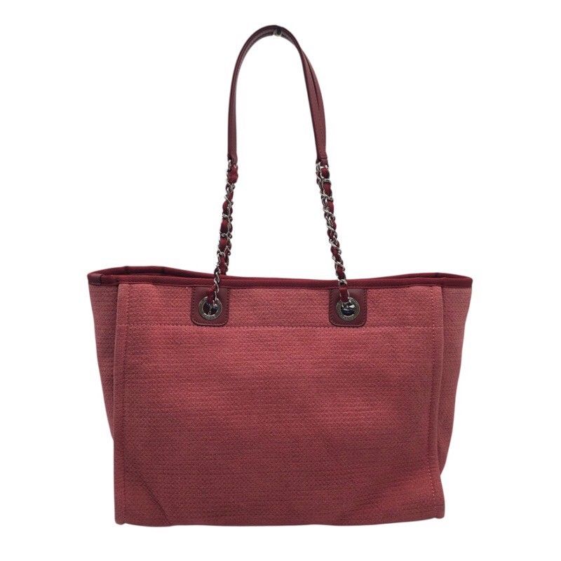 CHANEL Deauville MM Tote Bag in Red Canvas with Silver Hardware