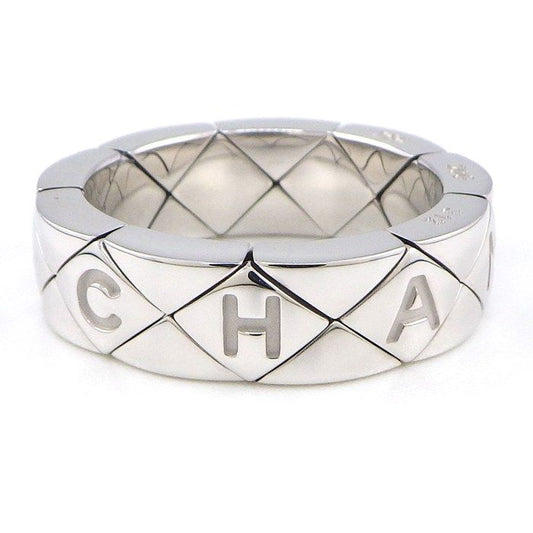 Chanel Matelassé Quilted Logo Ring in K18 White Gold - Size 15