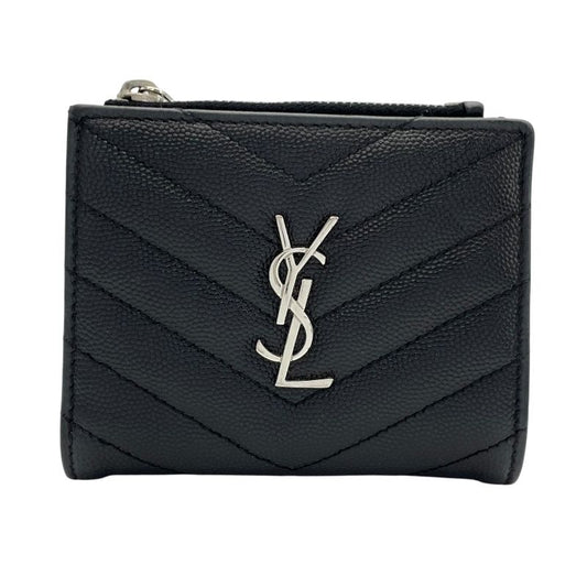 SAINT LAURENT V-Stitch Compact Black Leather Wallet for Women