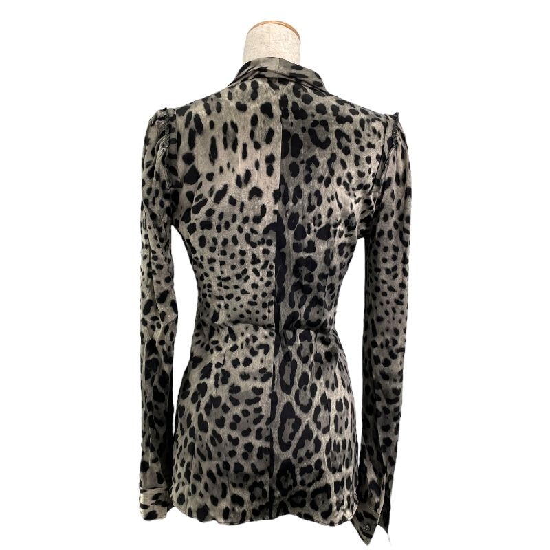 Dolce & Gabbana Leopard Print Silk Bow Tie Blouse - Gray