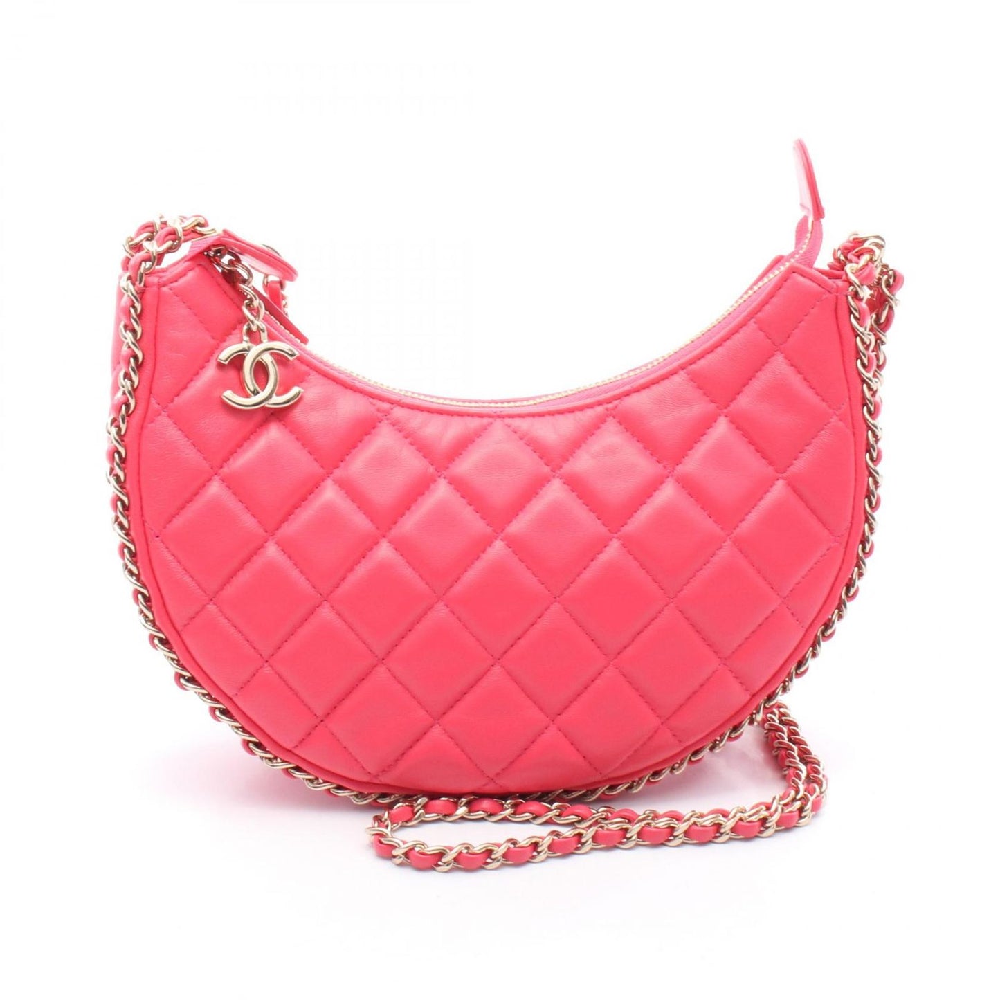 CHANEL Matelassé Half Moon Pink Leather Shoulder Bag