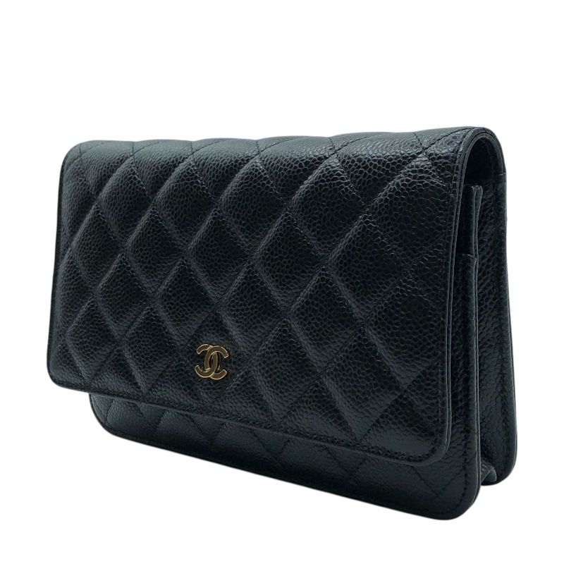 CHANEL Matelassé Chain Wallet AP0250 in Black & Gold Hardware