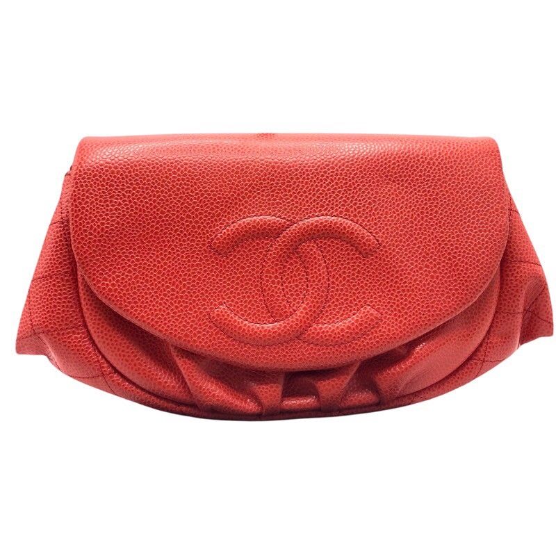 CHANEL Coco Mark Half Moon Chain Wallet in Red Orange Caviar