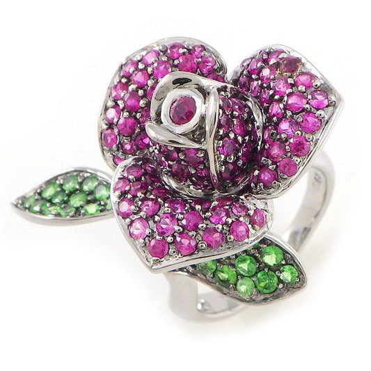 Exquisite Ruby and Garnet Rose Motif Ring in K18 White Gold