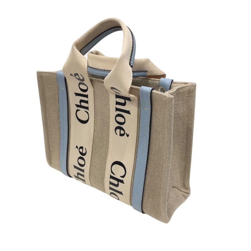 Chloe Woody Small Tote in Light Blue & Beige Linen Canvas