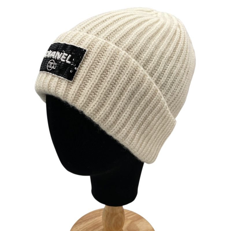 CHANEL Ivory Cashmere Sequin Logo Knit Cap - Unisex Luxury Accessory