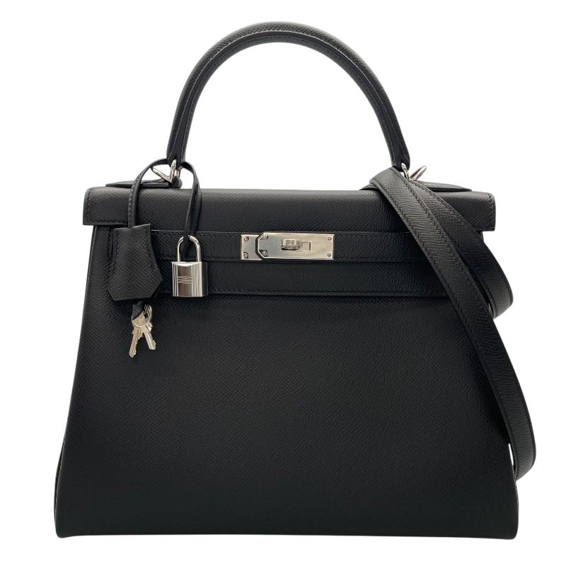 HERMES Kelly 28 Black Epson Leather Shoulder Bag with Silver Hardware