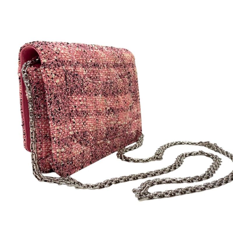 CHANEL 2.55 Chain Wallet in Pink Tweed with Silver Hardware