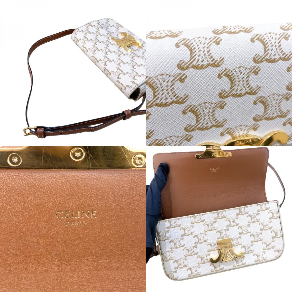 CELINE Claude Shoulder Bag in White Trionf Canvas & Calfskin