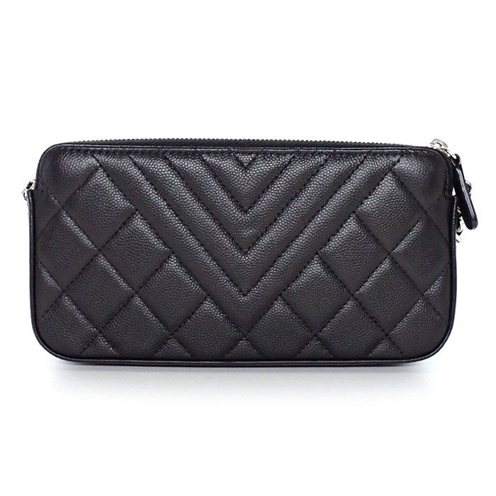 Chanel Matelassé Chevron Chain Wallet in Black Soft Grain Calfskin