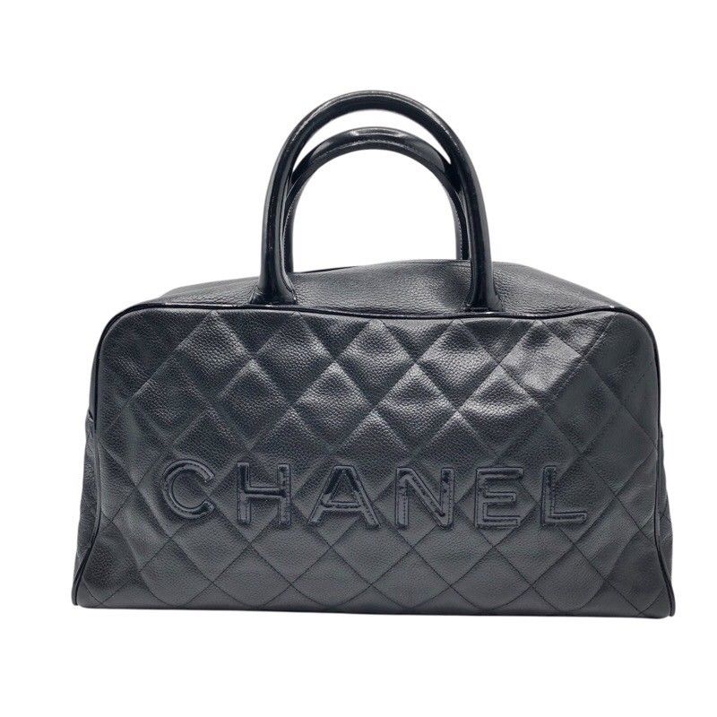 CHANEL Logo Small Boston Bag in Soft Caviar & Patent Leather