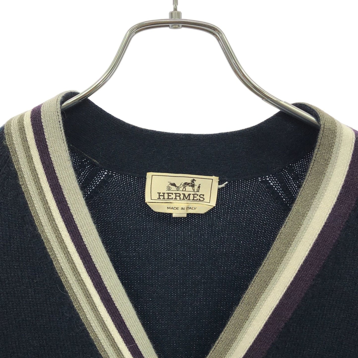 HERMES Navy Multi-Color Cashmere V-Neck Cardigan - Size S