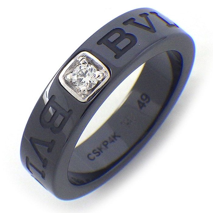 BVLGARI Double Logo Ring with Diamond in Black Ceramic & K18WG