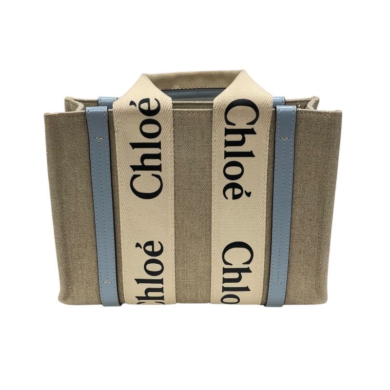 Chloe Woody Small Tote in Light Blue & Beige Linen Canvas