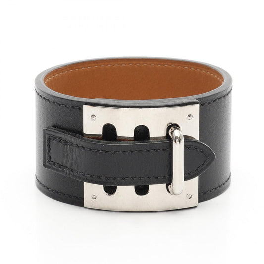 HERMES Intense Black Leather & Stainless Steel Bangle Bracelet