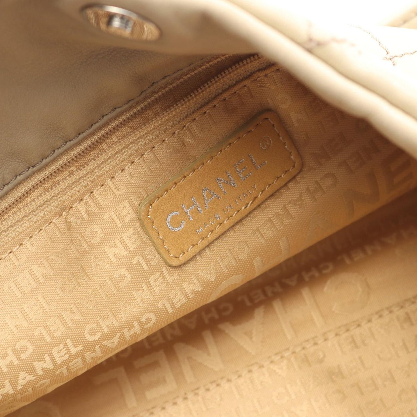 CHANEL Matelassé Beige Leather Shoulder Bag with Wild Stitch