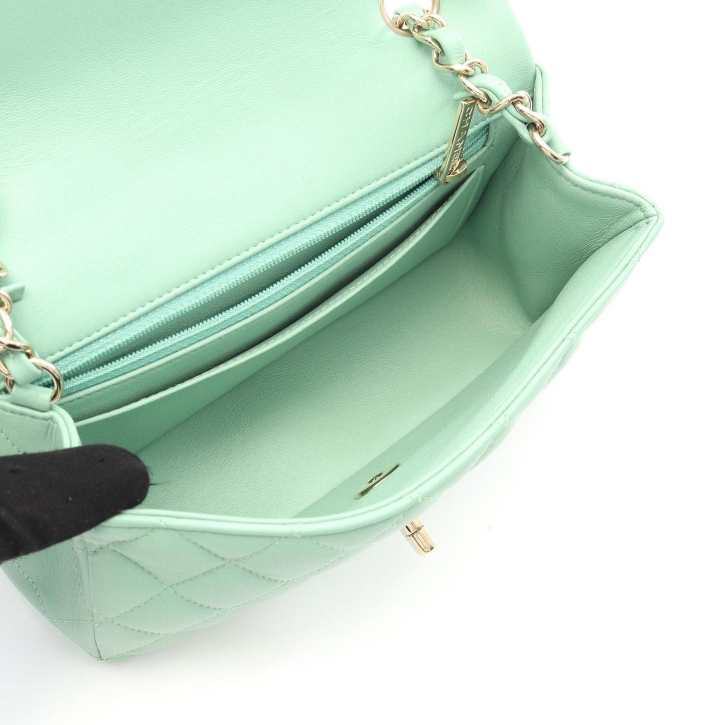 CHANEL Mini Matelassé 20 Shoulder Bag in Mint Green Lambskin