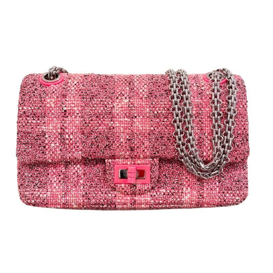 CHANEL 2.55 Tweed Shoulder Bag in Pink & Silver Hardware