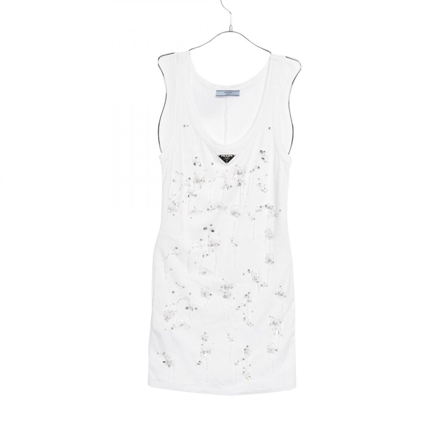 PRADA Triangle Logo Beaded Tank Dress - Exquisite White Cotton