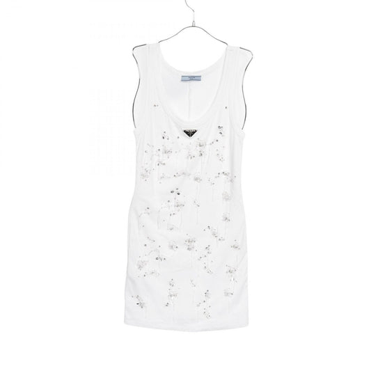 PRADA Triangle Logo Beaded Tank Dress - Exquisite White Cotton